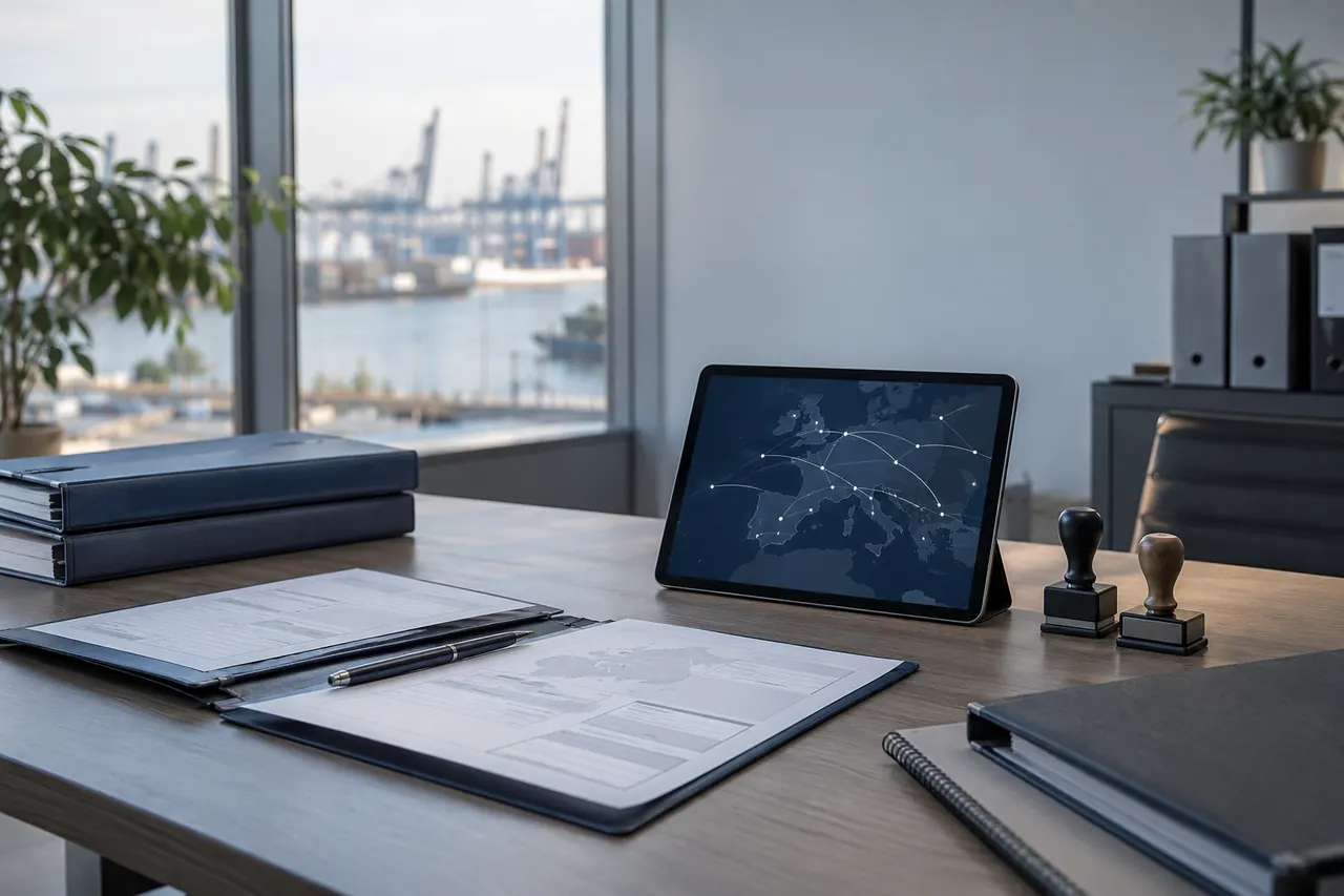 Carpetas de documentación y una tablet con un mapa de rutas sobre una mesa de oficina.
