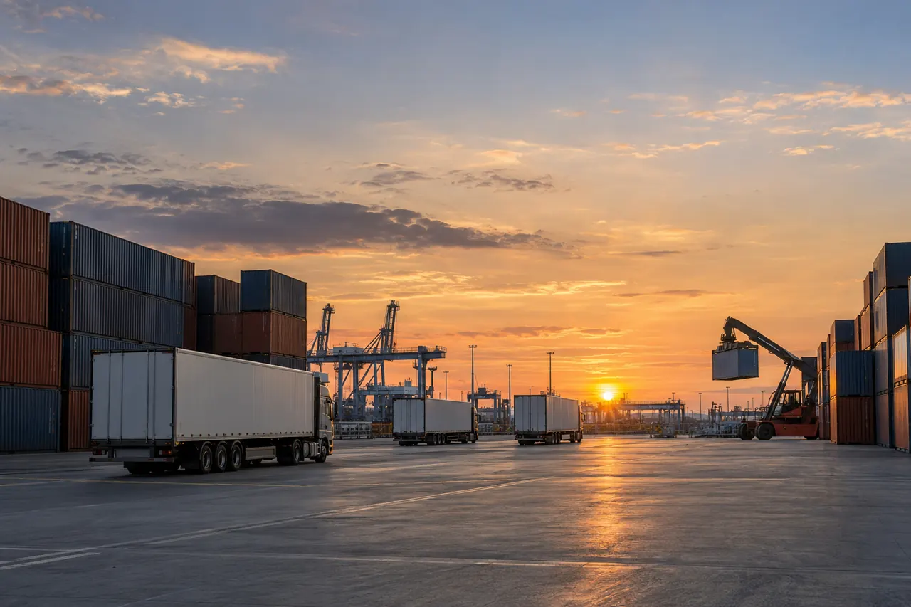 Remolques y contenedores esperando turno en una terminal de carga al caer la tarde.